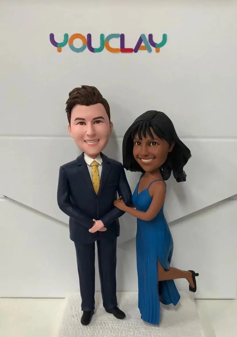 Couple bobbleheads hand-sculpted in polymer clay from a customer photo, YOUCLAY example 2
