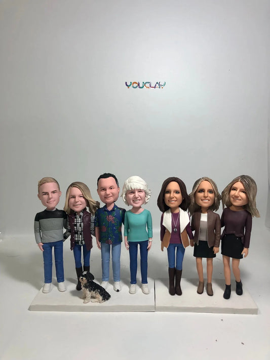 Eight-figure group bobbleheads hand-sculpted in polymer clay from a photo by YOUCLAY