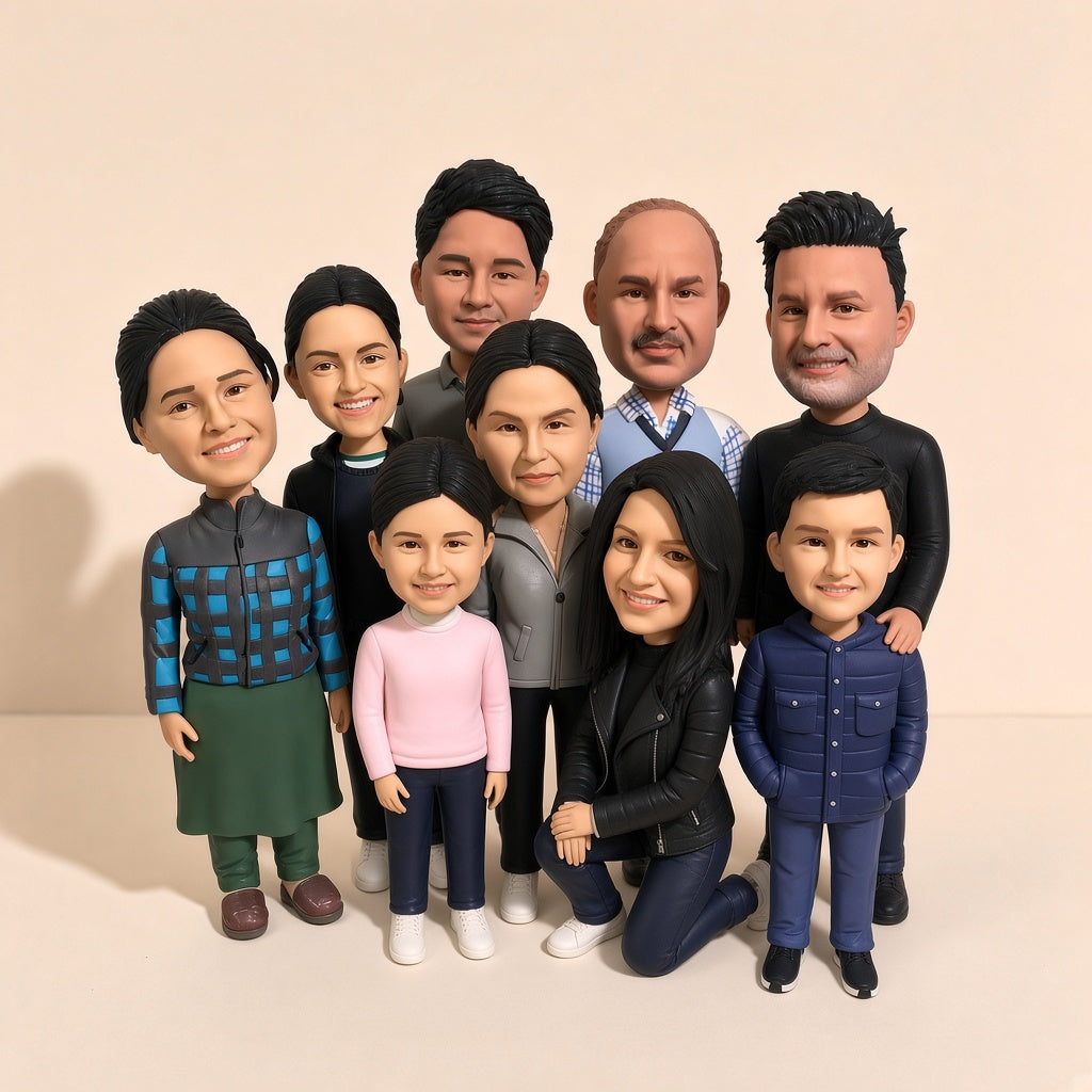 Fully Customizable Nine Bobbleheads (Person or Pet), Separate or Whole - custom clay bobblehead from your photo