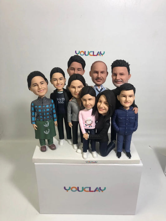 Nine-figure group bobbleheads hand-sculpted in polymer clay from a photo by YOUCLAY