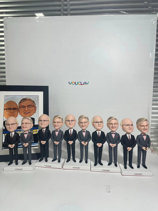 Ten-figure group bobbleheads hand-sculpted in polymer clay from a photo by YOUCLAY