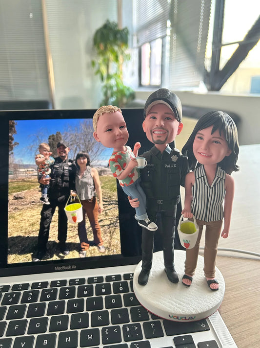 Three-figure bobblehead set hand-sculpted in polymer clay from a photo by YOUCLAY